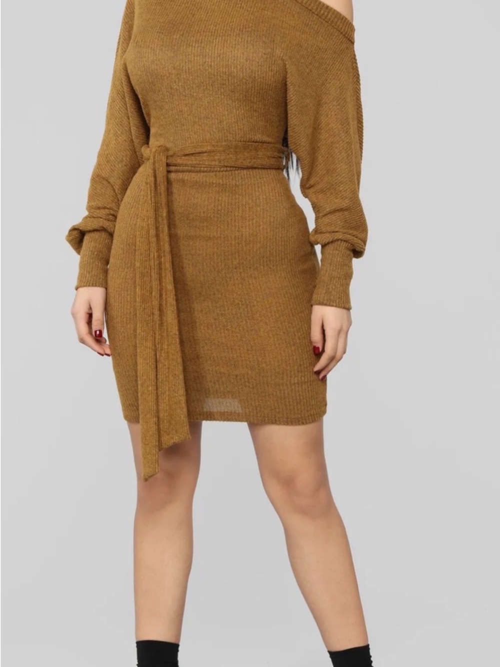 Fashion Nova Camel One-Shoulder Knit Sweater Dress